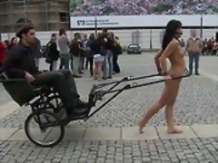 European beauty, Amabella is taken into the streets, stripped naked, and made to carry passengers on a Rickshaw. Then she is made to suck cock, and get fucked in the ass while dudes drink beer, watch, and join in on calling her a dirty filthy whore.